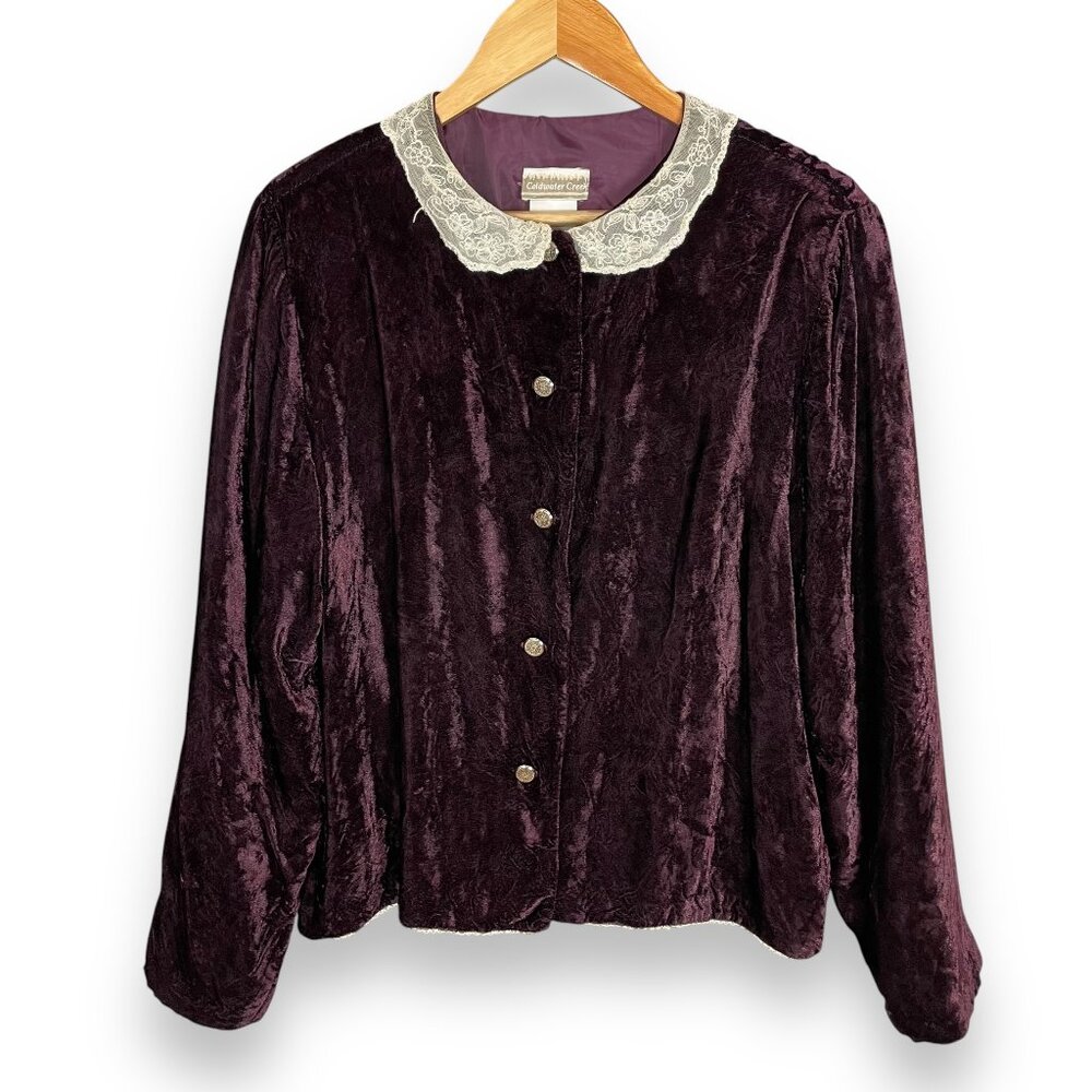Velvet Jacket Lace Collar Purple Women Button‎ Up Victorian Size Large Delicate